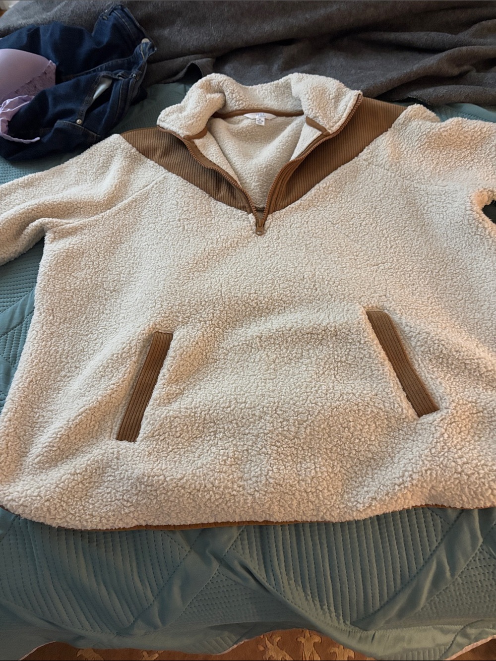 Time and Tru Cream Sherpa Pullover with Tan Trim